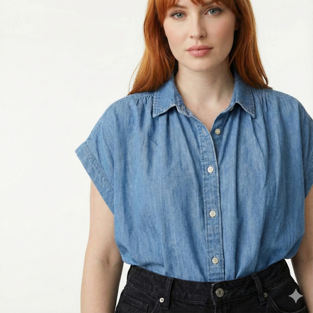 New Old Navy Denim Shirt Size XL Cap Sleeve Button Front Blue Jean Chambray Box